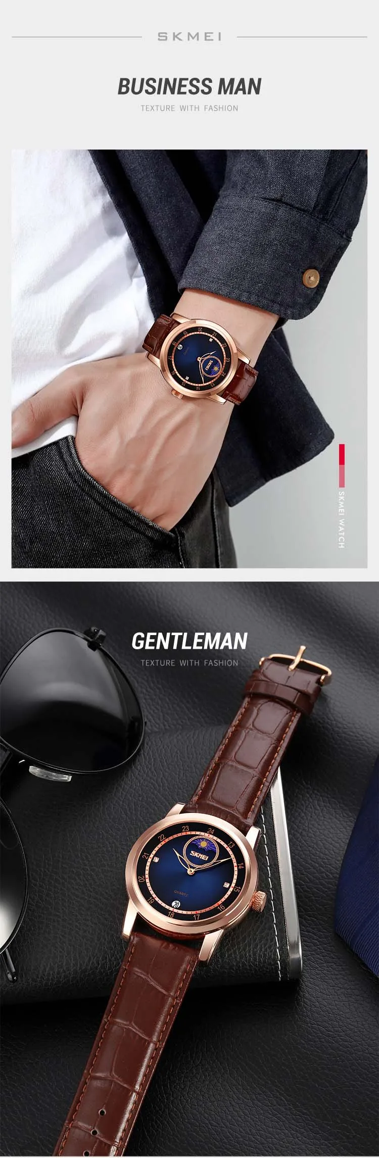 SKMEI 9300花式广州男士石英表热卖真皮表带防水简约休闲手表供应商