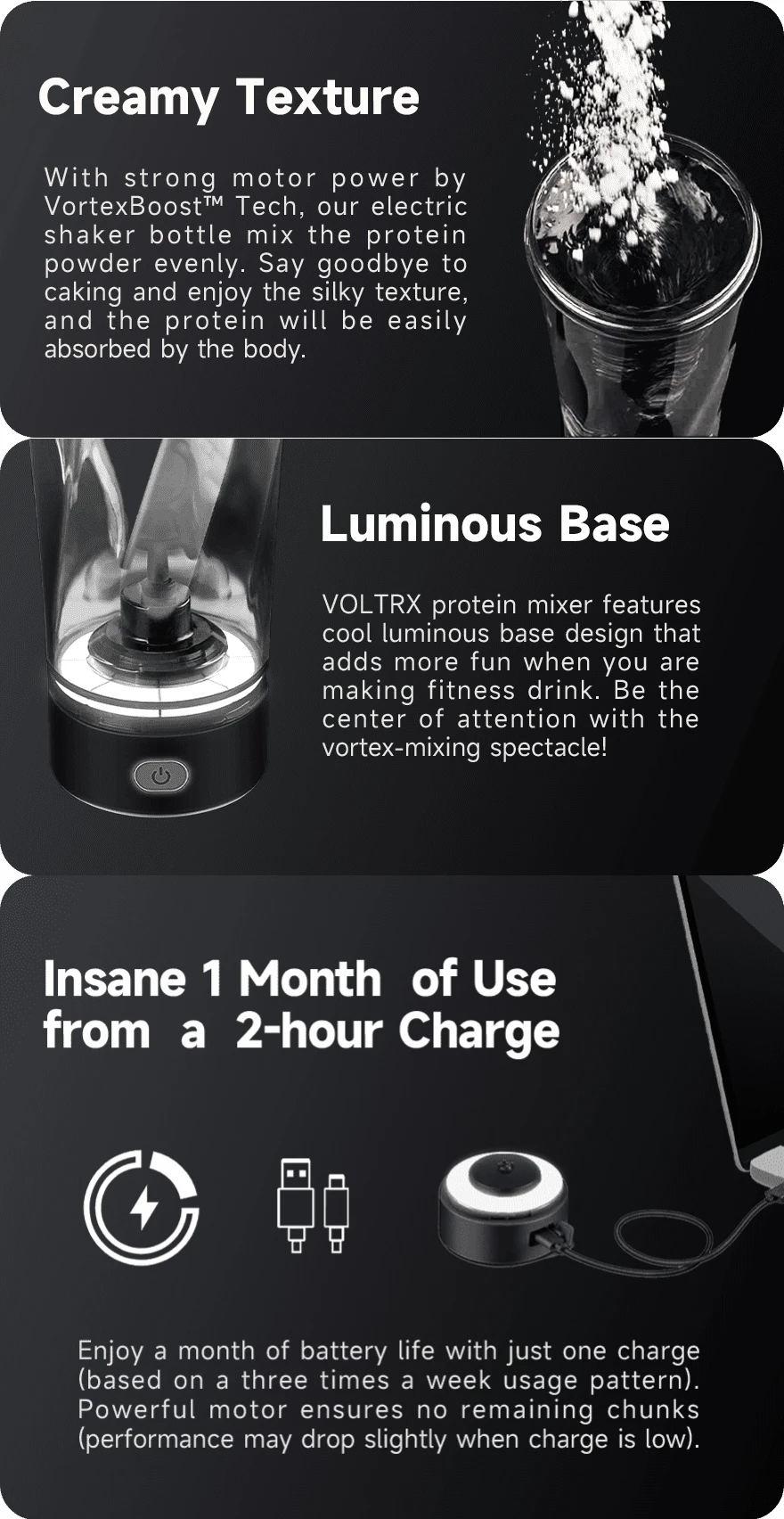 Voltrx 700ml 24oz Protein Electric Shaker Bottle Gym Blender Shaker