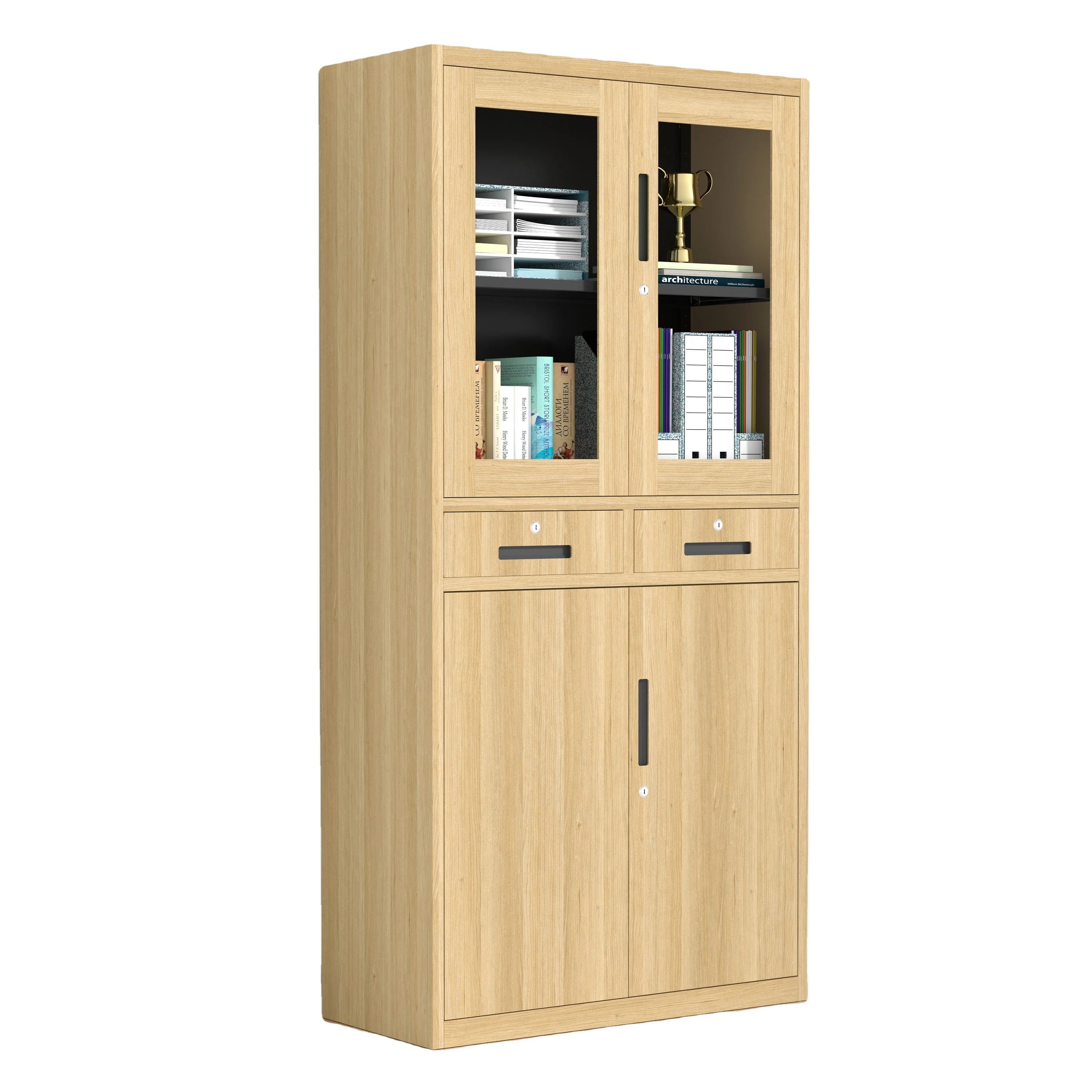 Низкая скидка бестселлер стеклянный витринный шкаф текстура вишневого дерева металлическая двухдверная офисная мебель