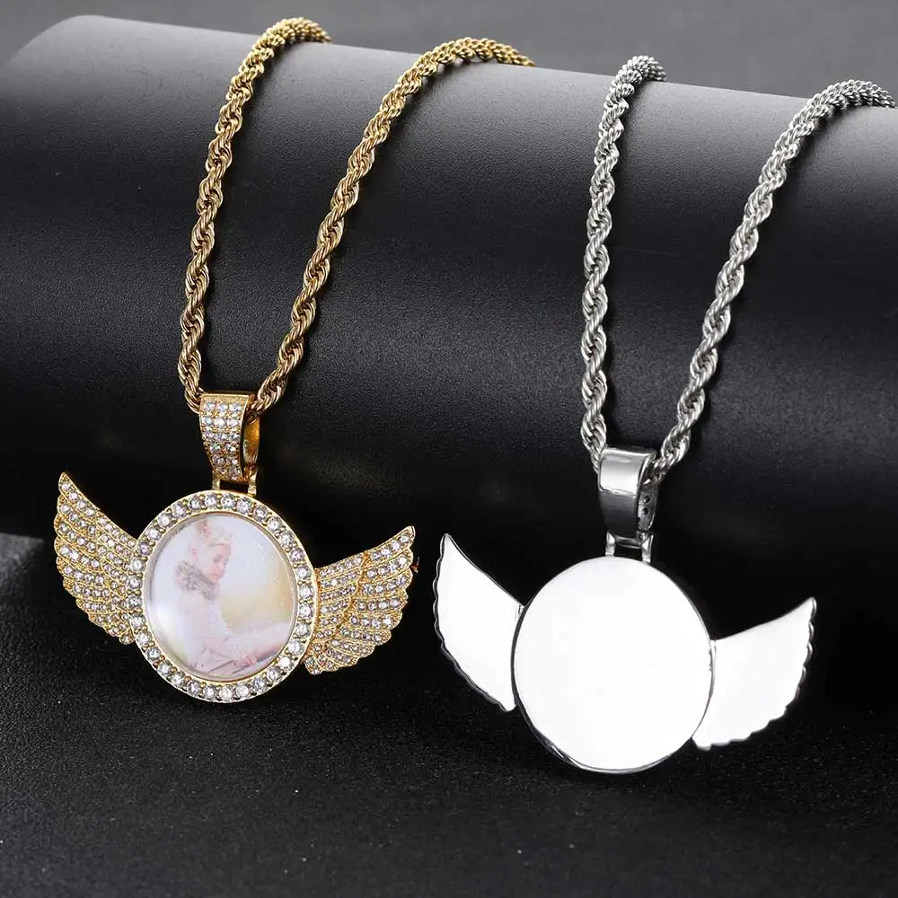 Personalized Picture Necklace - Custom Photo Angel Wing Pendant With Chain, Hip Hop Jewelry Gift
