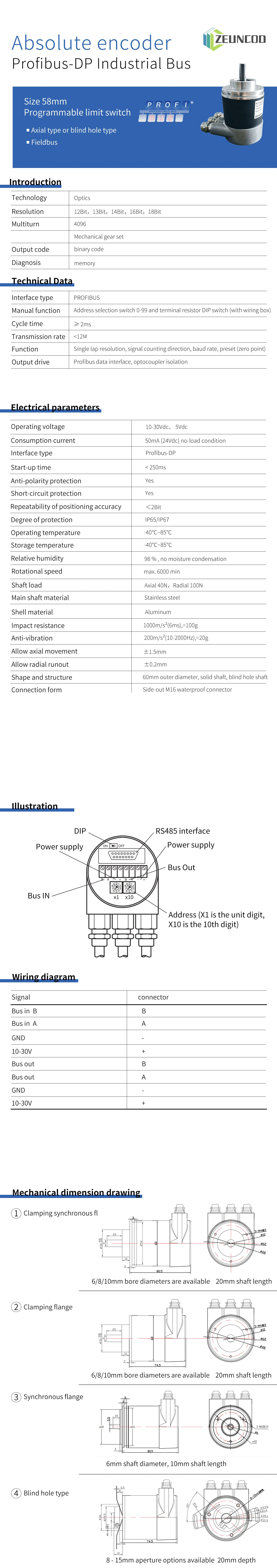 ZHEJUN 58mm PROFINET-DP Multi-Turn Absolute Rotary Encoder Optic 12 ...