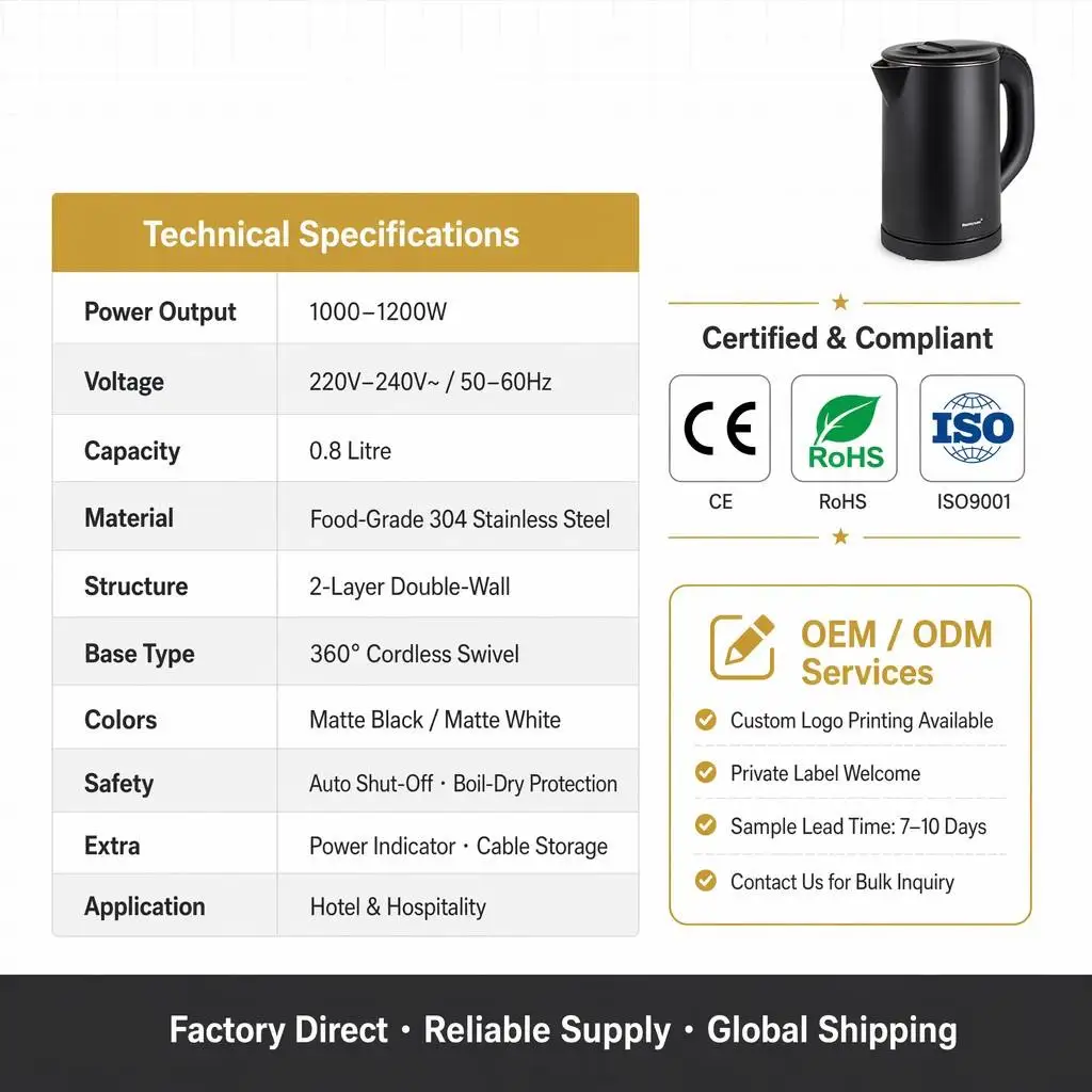 High Quality Stainless Steel Electric Kettle with Temperature Control 0.8L Capacity Portable for Home & Hotel Use