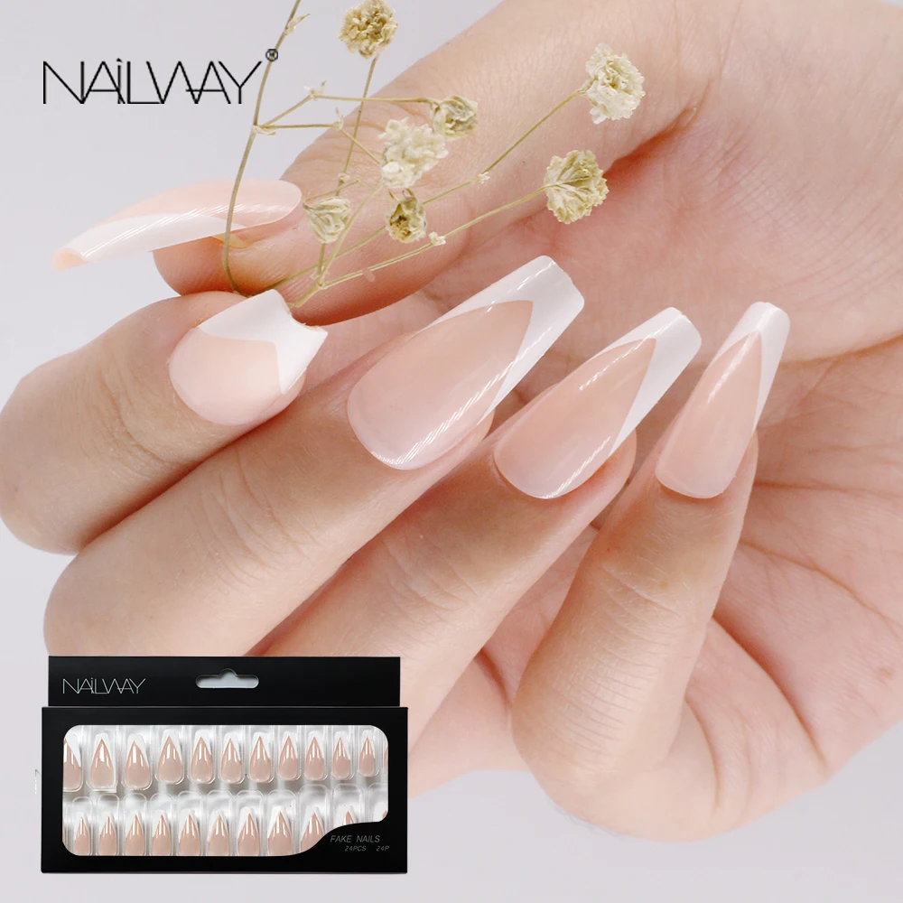 Artificial French Nails White V Shape Long Coffin Fale Nails Long Press on Nails Ballerina-Fake-24pcs Nude-Faux-Ongles