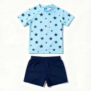 Oeko Tex Custom Summer Boys Short Sleeve Swim Split 2-Piece Eco-Friendly Spandex/Polyester Swimsuit Set for Beach Parties