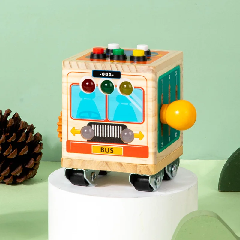 Early Learning Busy Block Toy Kids Educational LED Busy Bus Children Montessori Activity Sensory Switch Busy Board Wooden Toys