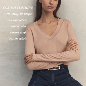 Factory Custom logo Printed Women Heavyweight Tops T-shirts High Quality Thick Cotton v Neck Women Jersey Blank t Shirt