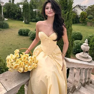 Elegant Yellow Prom Dresses Sweetheart Off Shoulder Bow Backless Sleeveless Tea Length Party Gowns Customized 3457