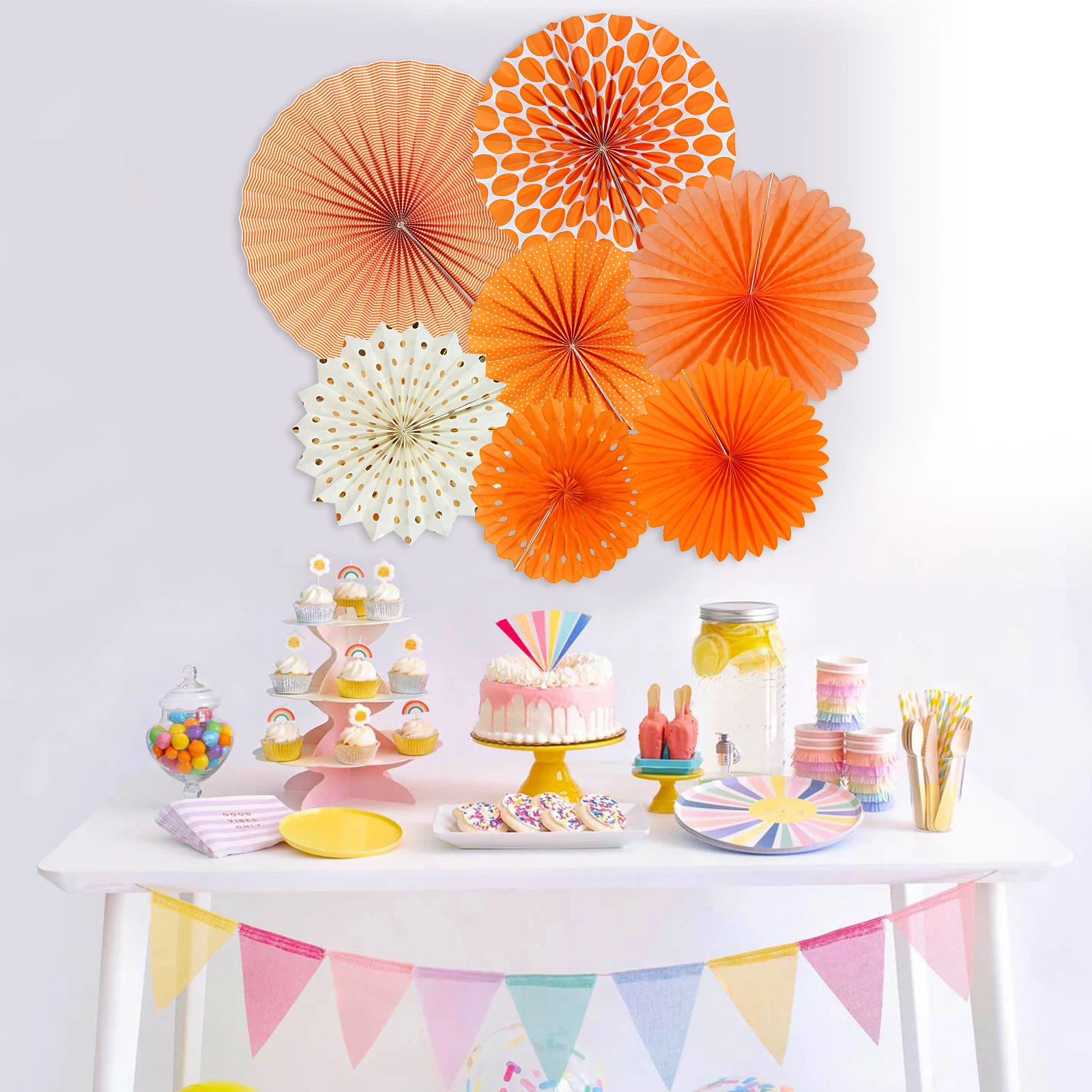 7 PCS Orange Party Supplies Tissue Paper Fan Party Decoration Set