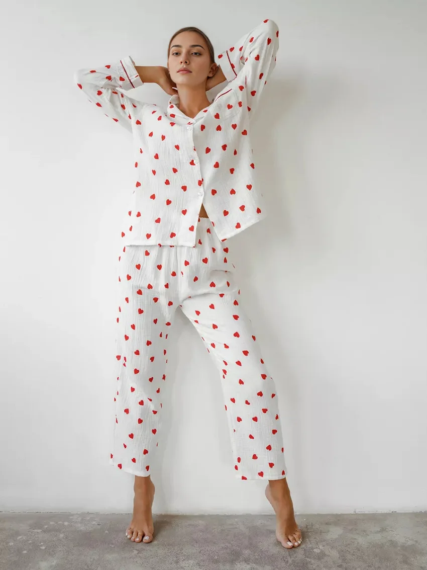 Women's Cotton Pajama Set Heart Print Breathable Long Sleeve Shirt Full Length Pants Turn-Down Collar Spring Sleepwear — detail