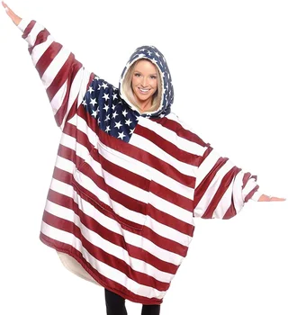 american flag hooded blanket sherpa winter indoor warm adults wearable digital printing polar fleece double thick