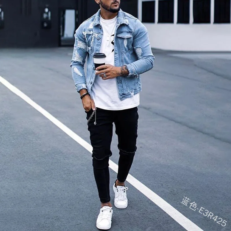 Men's Denim Jackets - Ripped Washed Fashion Mam Clothing