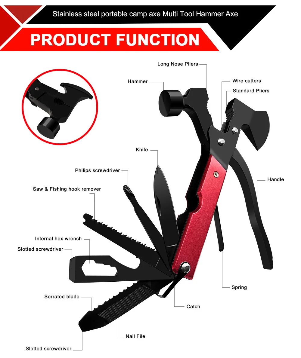 Survival　Wholesale　Tool　for　Outdoor　Axe　Pliers　Multitool　Hunting　Hiking　16-in-1　Escape　with　Hammer　Gear　From　Emergency　Camping
