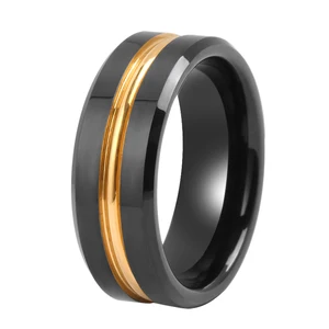 8mm Gold Groove Beveled Edge Black Tungsten Wedding Ring for Men Black Polished Steel Engagement Ring Mens Wedding Bands