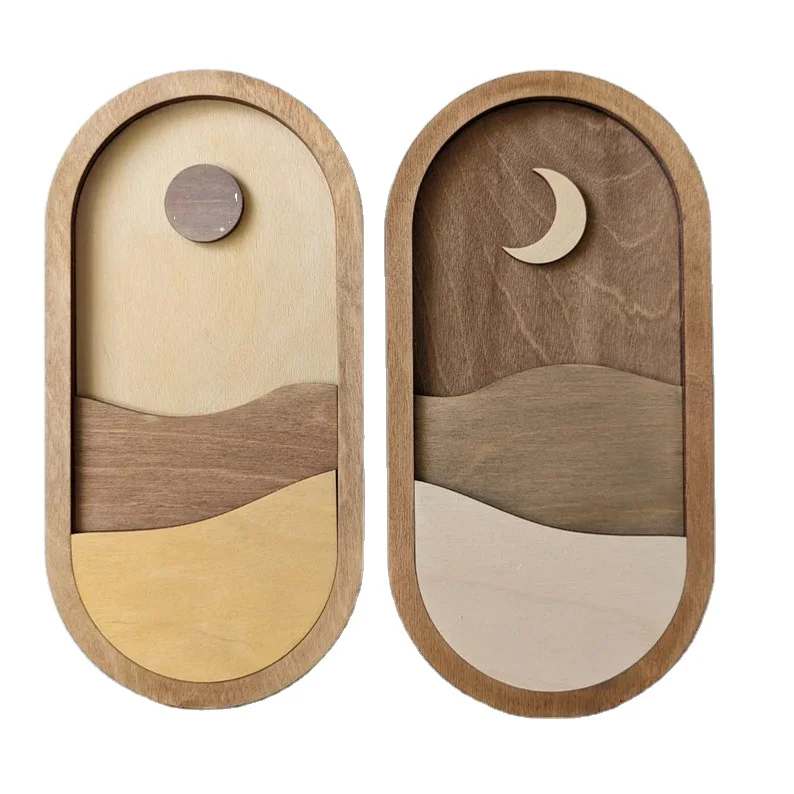 Support Customization Minimalist Wall Art  Crafts Decoration Sun and Moon Wooden Art for Home Wall Decoration