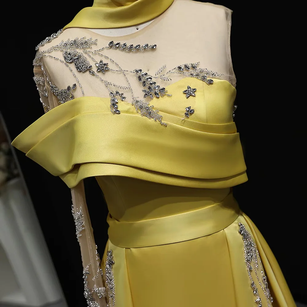 Elegant Gold Yellow Satin Arabic Evening Gowns for Dubai Elegant Gold Yellow Satin Arabic Evening Gowns for Dubai