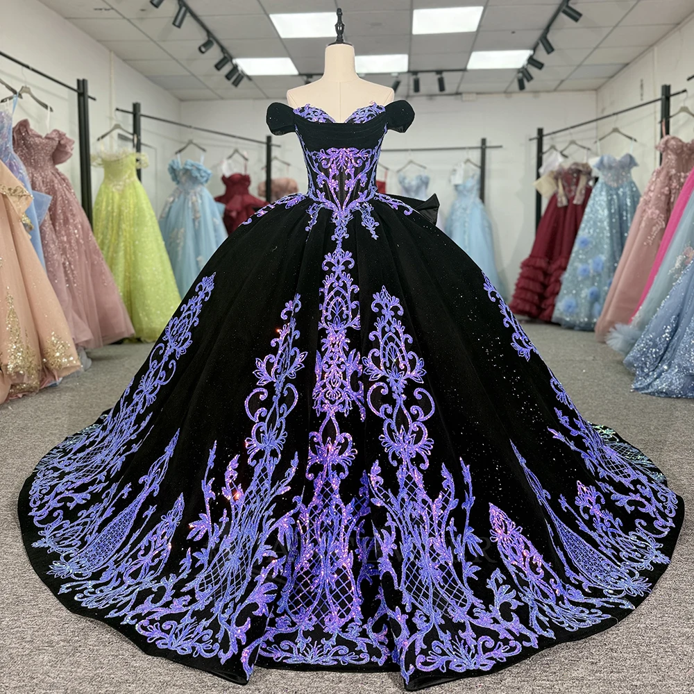 Jancember 1507 Sparkly Black Quinceanera Dress Off Shoulder Glitter Sequin  Ball Gown