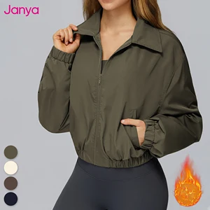 Janya Autumn Winter Solid Short Stand Loose Bomber Jacket Zipper Windproof Warm Sports Topd Outdoor Hiking Running Streetwear