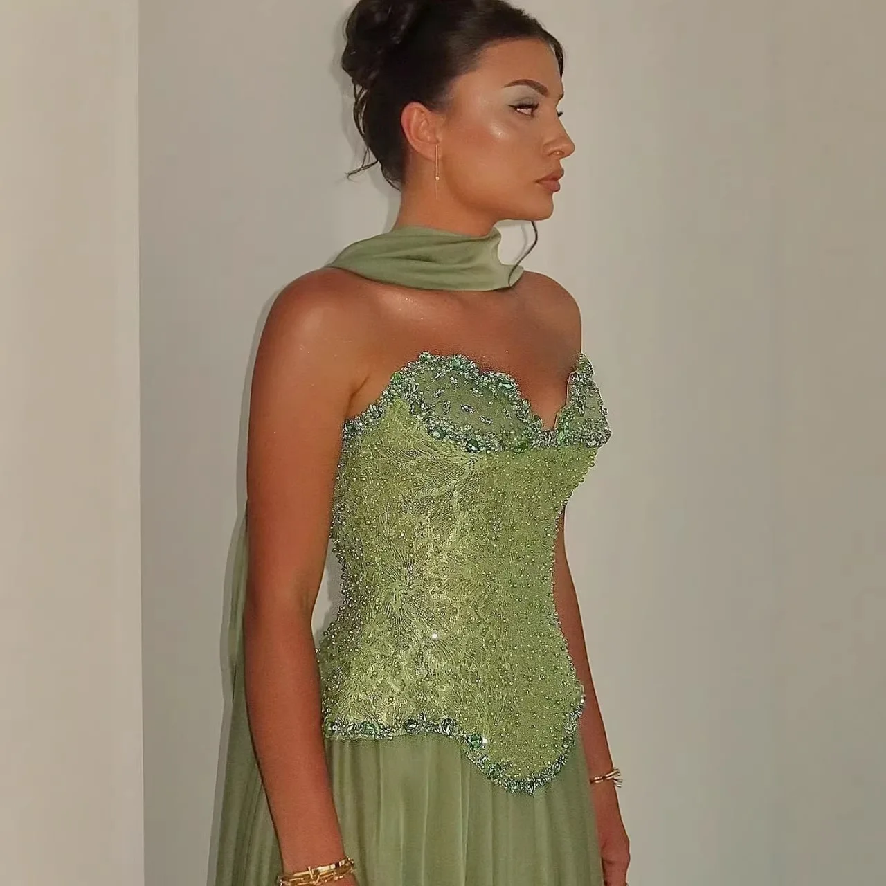 S4627l Colorful Gauze Solo Strapless Bright Beaded Female Banquet Hostess Elegant Stage Performance Costume Long Evening Gown