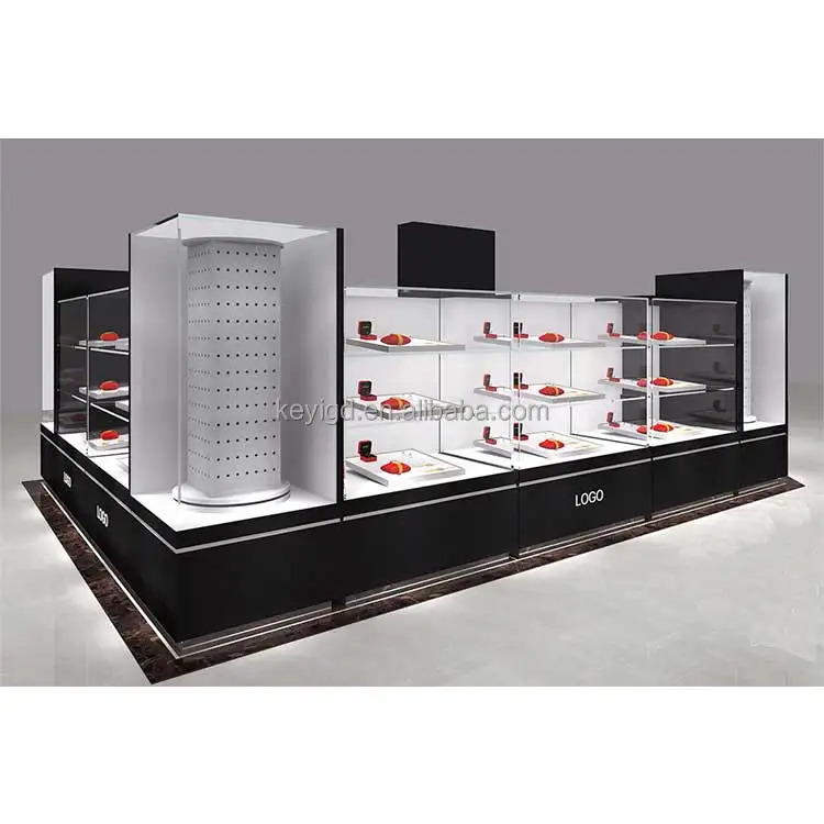 Luxury Shopping Mall Glass Counter Gold Plated Jewelry Display Showcase