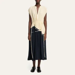 Clothing Manufacturers Custom  Elegant Irregular Color Block  Drawstring Short Sleeves Elastic Waist Midi Dress