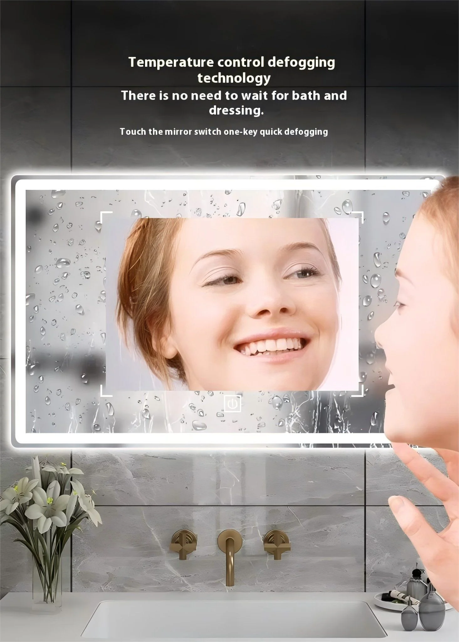 Bathroom mirror with USB and speaker showing LED lighting