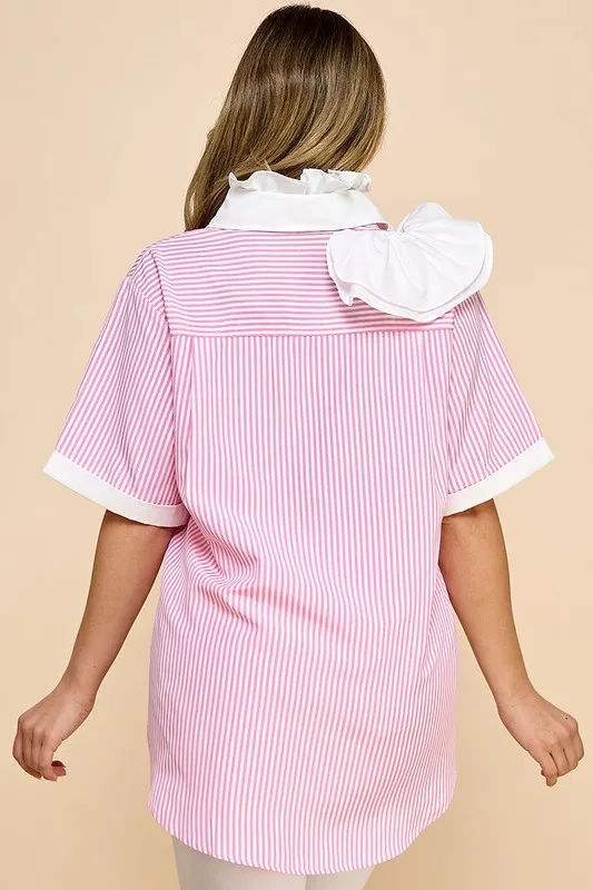 Ladies Striped Solid Color Fabric Casual Shirt - Image 6