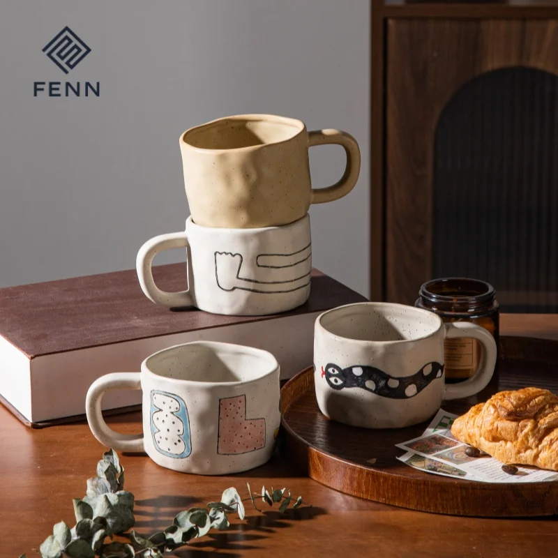 FENN Custom Vintage Country Design Wholesale Handmade Irregular Porcelain Clay Cup Ceramic Coffee Mugs Pottery Cup with Saucer