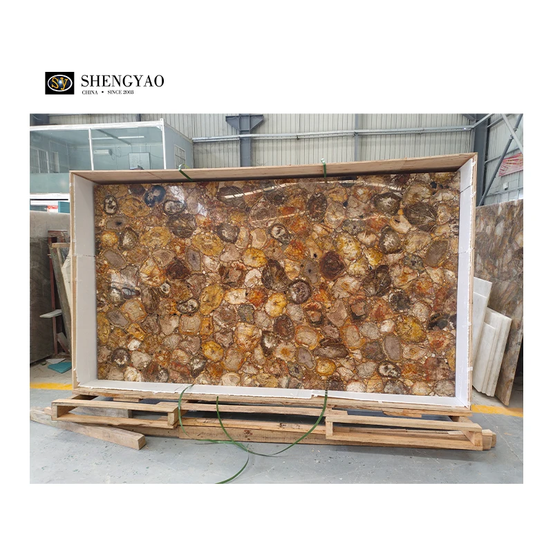 Custom Brown Petrified Wood TV Background Wall Panel Fossil Stone Fireplace Slabs