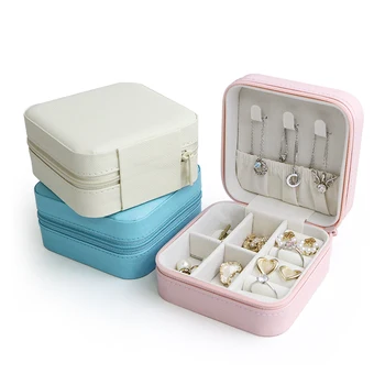 Portable travel jewelry storage box zipper packaging organizer leather large jewelry box