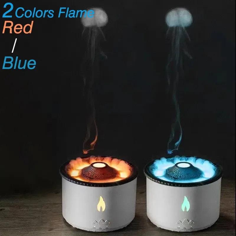Simulation 3D Fire Flame Volcano Jellyfish Spray Aroma Essential Oil Diffuser Volcanic Humidifier with 2 Color for Home Office