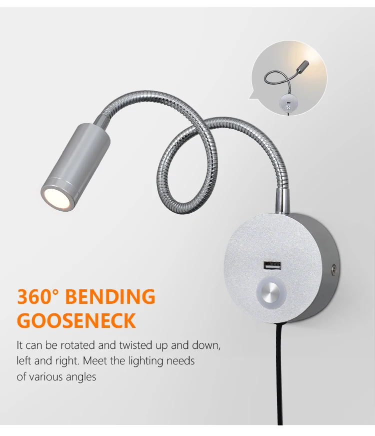 3w Touch Dimmable Led Book Light With Plug Cord Led Wall Mounted