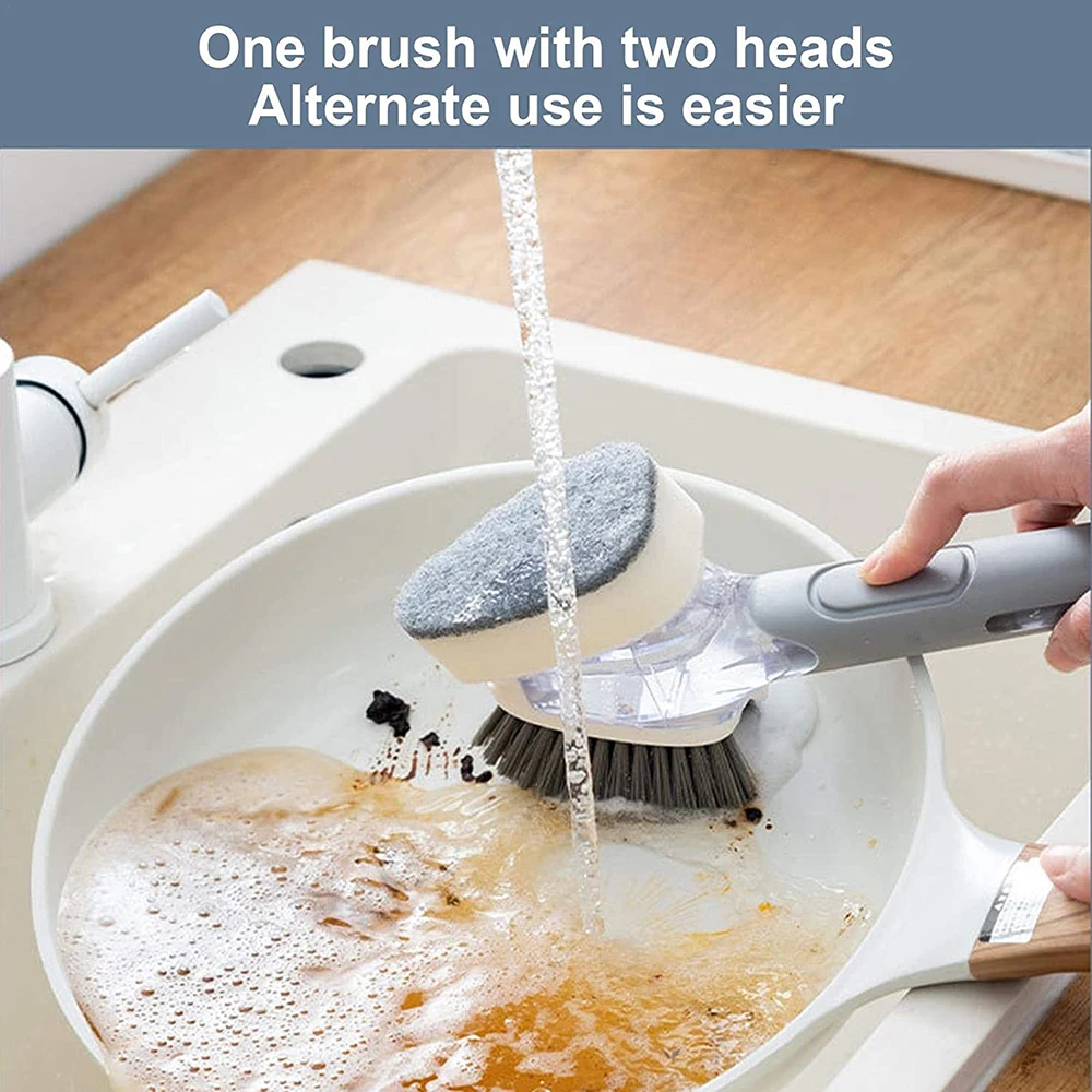 Soap Dispensing Dish Bristles Brushes Sponge Head Kitchen Clean