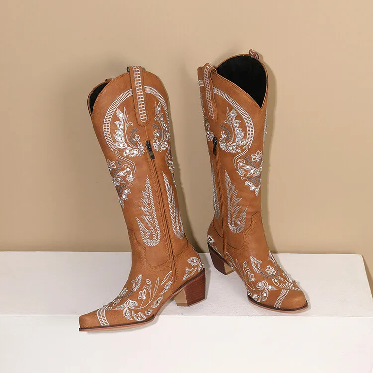 Hot Selling Female Floral Embroidery Knee High Boots Pointed Toe Women Chunky Heel Rhinestone Western Cowboy Boots - Image 2