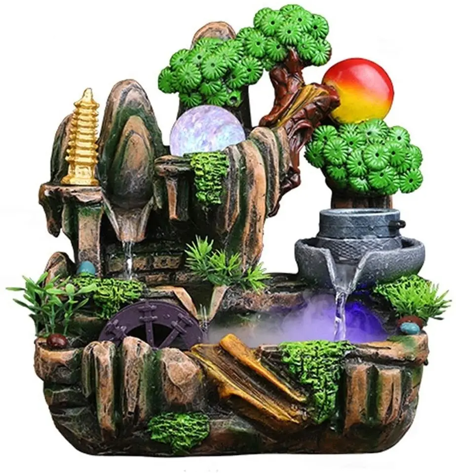 Garden Ornament Fountain Feng Shui Indoor Table Top  Water Feature LED Lights 