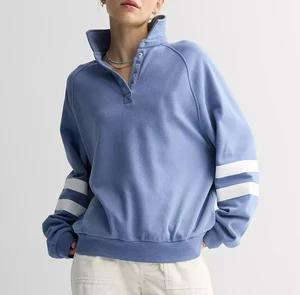 OEM High Quality Women's Sweatshirt Striped Sleeves Ribbed Cuffs Button Stand Collar Pullover Printed Hemline Autumn/Winter