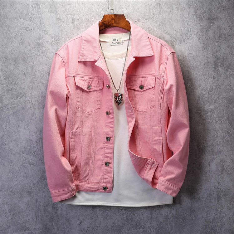 Wholesale Fashion Mens Classic Denim Jacket Autumn Casual Street Pocket  Single Breasted White Pink Black Jeans Jacket Coat From m.