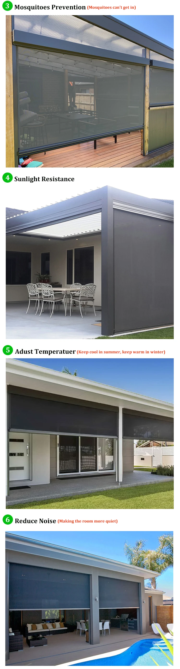 Customized Window Roller Blinds Smart Pergola Canopy Cover Windproof And Waterproof Outdoor