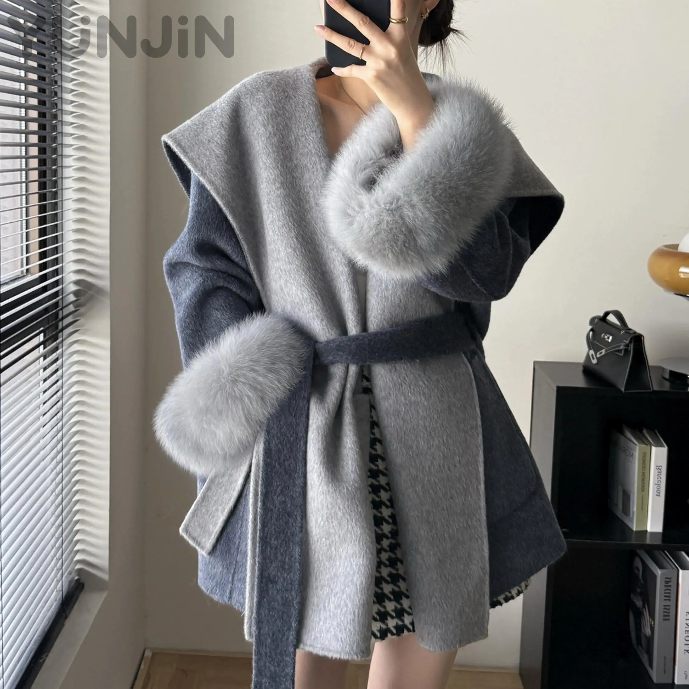 Winter Fox Fur Sleeve Double-Faced Wool Coat Women's