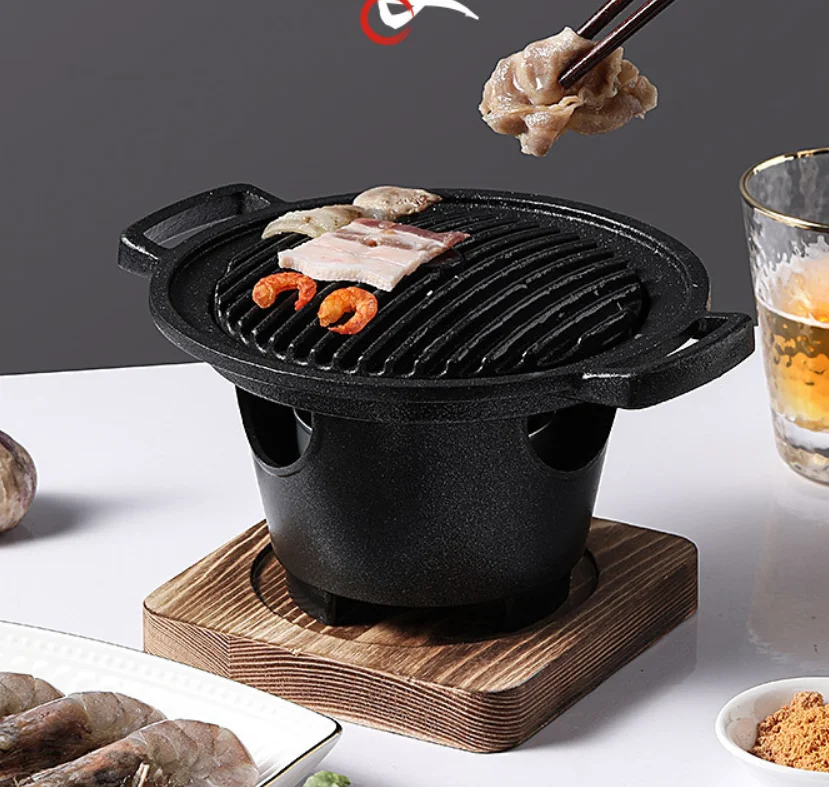 Mini Barbecue Japonais Portable Au Charbon De Bois - Grill De Table Avec Plaque De Cuisson Et Base En Bois Pour Balcon, Patio (16,5x14,5 Cm)