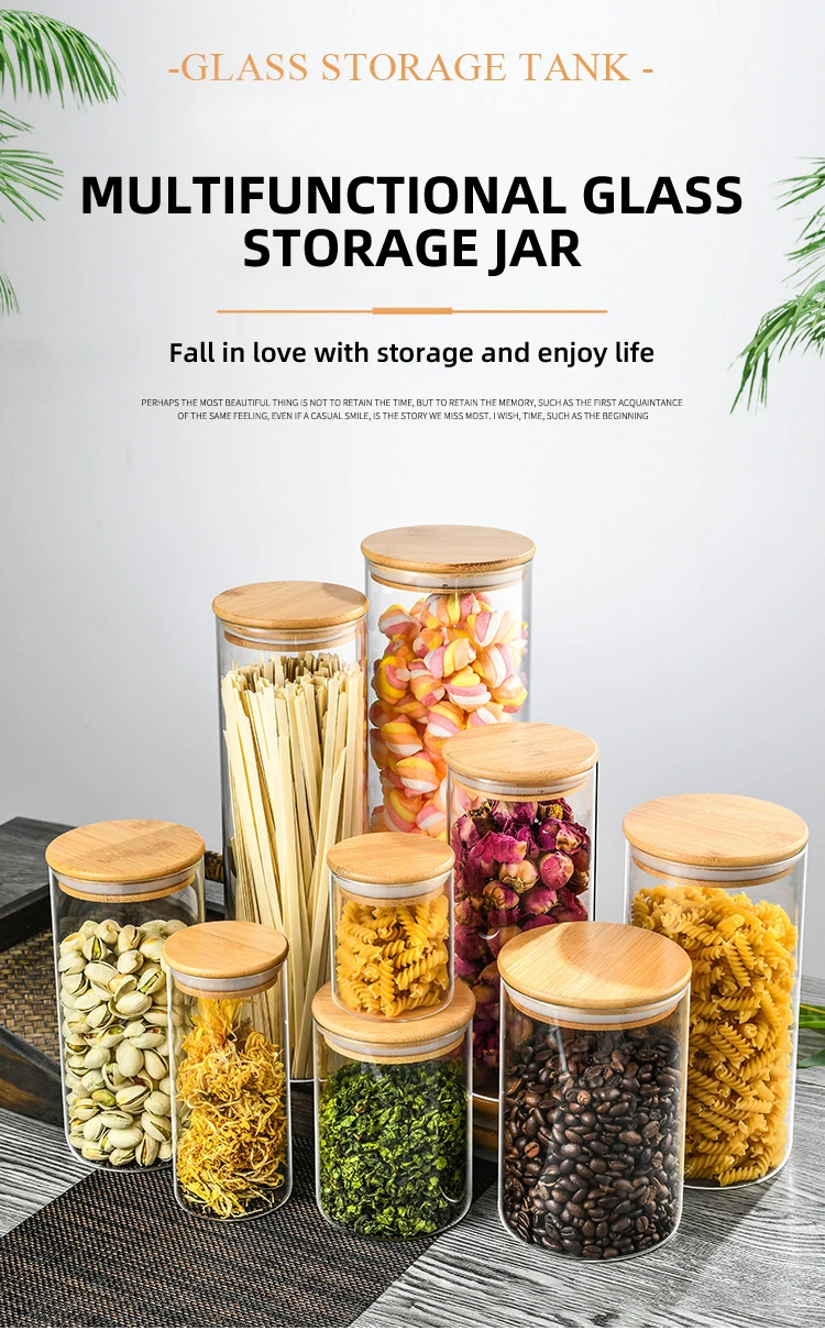 Kitchen Storage Glass Jar Wood Lid Glass Airtight Canister Food