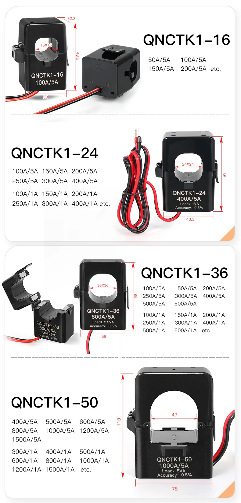 Split Core Current Transformer QNCTK1-10 1A 1V 50A 333mV 100A 0.707V 150A 5V 20A 3.33V 80A Open Type Current Sensor Clamp CT