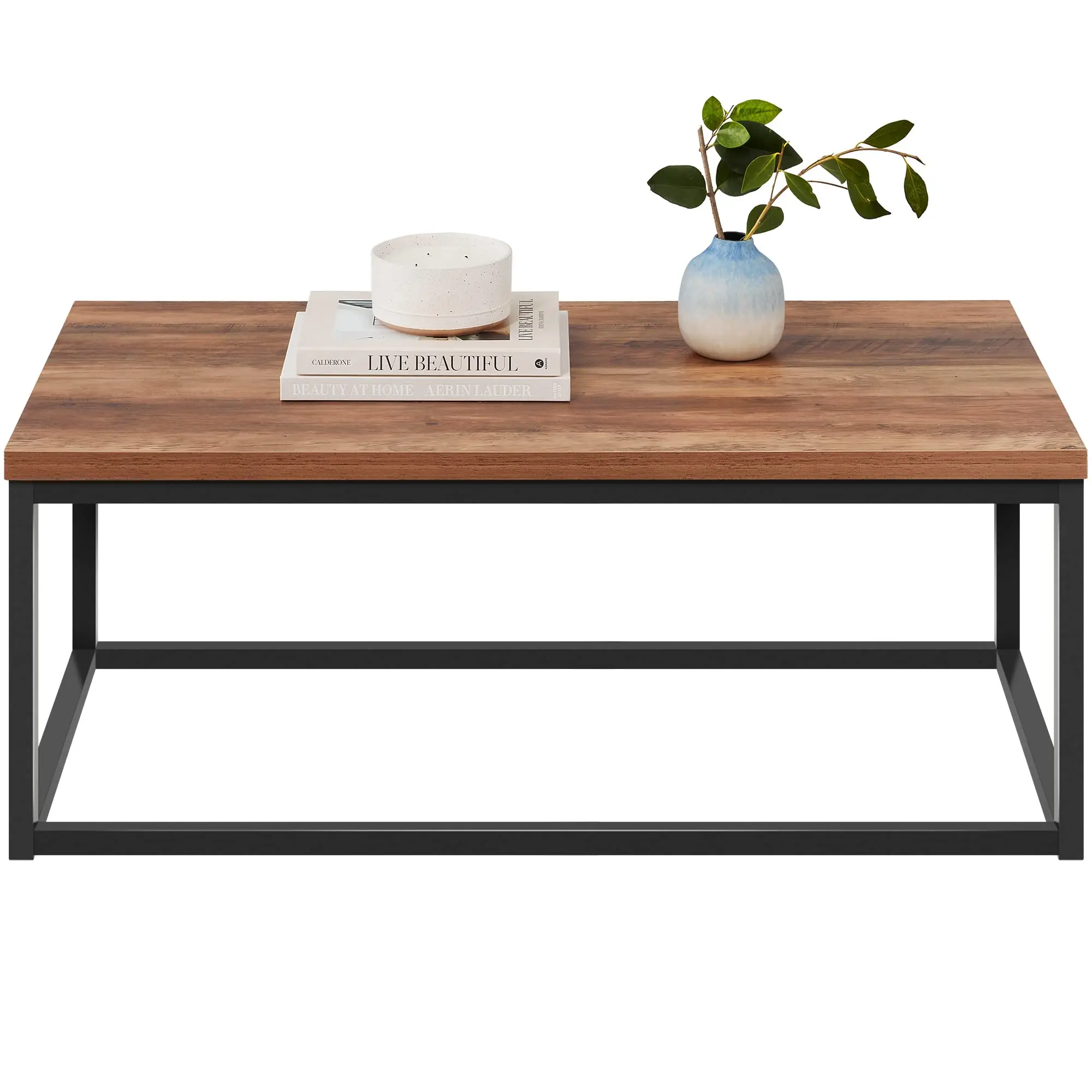 AJUNION 44 Inch Metal Frame Rectangular Wood Grain Top Coffee Table Modern Industrial Living Room Furniture MDF Coffee Table