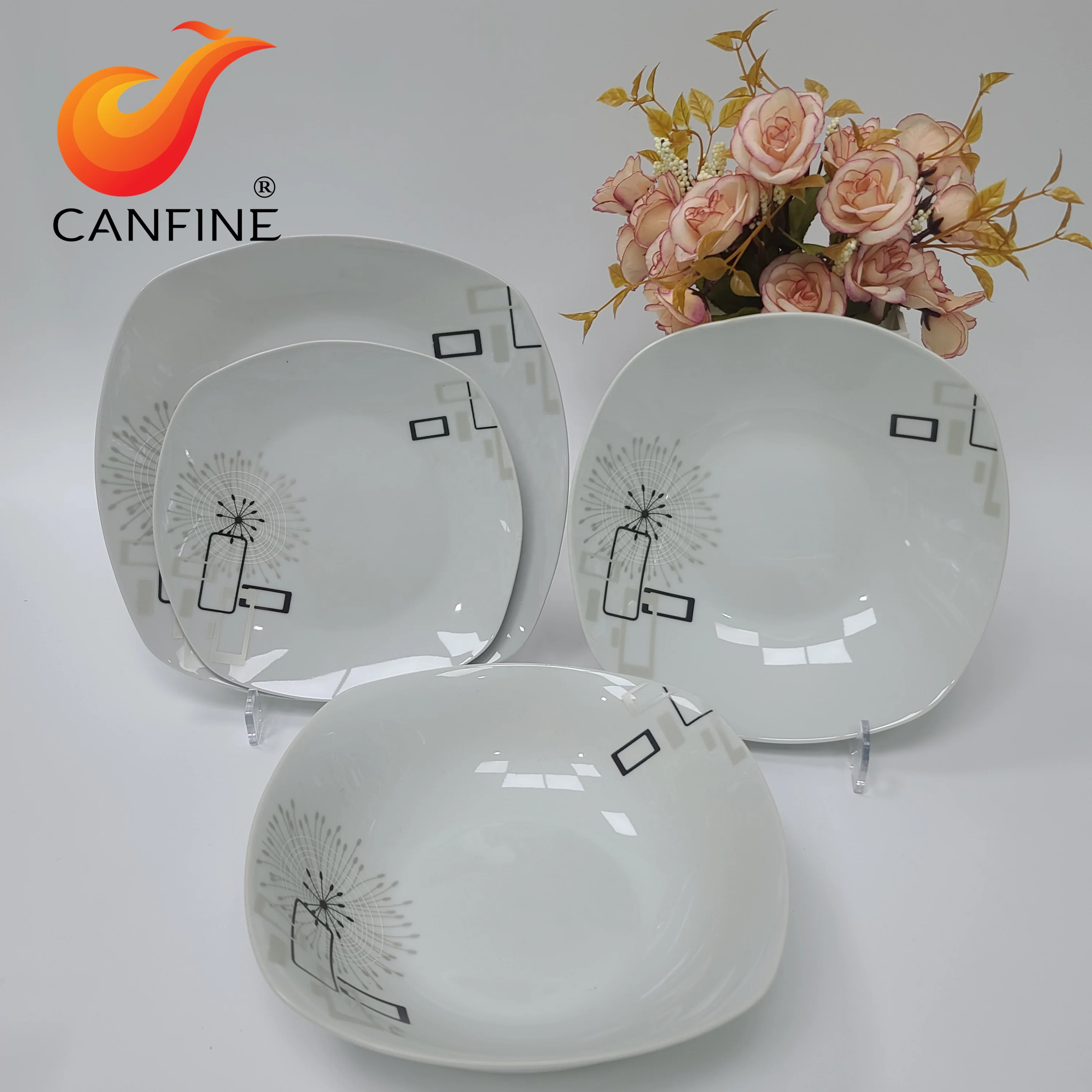 19pcs Square Shape Customized Restaurant Hotel European Fine White China Ceramic Crockery Porcelain Dinnerware Tableware Sets