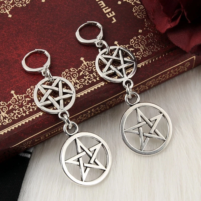 Handmade Silver Pentagram Angelwing Dreamcatcher Drop Earrings - Wicca Pagan Witch Jewelry Gift