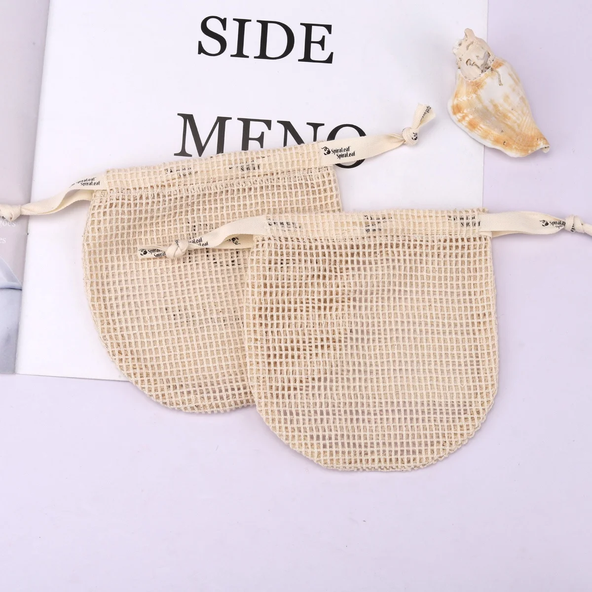 High Quality Cotton Mesh Drawstring Oval Soap Bag Reusable Custom Logo Cosmetic Mesh Pouch