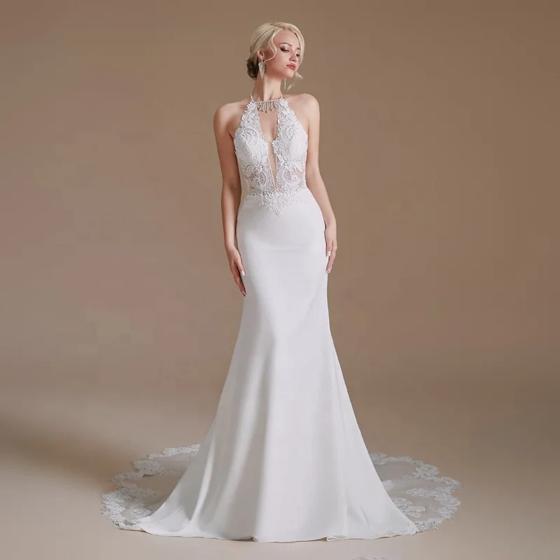 Ready to Ship Simple Elegant Plunging V Mermaid Bridal Dresses Lace Top  Backless Halter Women Wedding Dresses