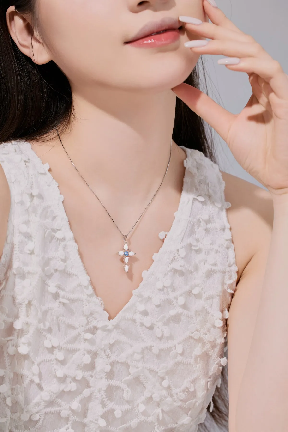 KAKODIY CZ Zirconia Blue Fire Opal Cross Pendant Women's Necklace 925 Sterling Silver Lucky Long Chain 18K Gold Plated Necklace for Women detail 4