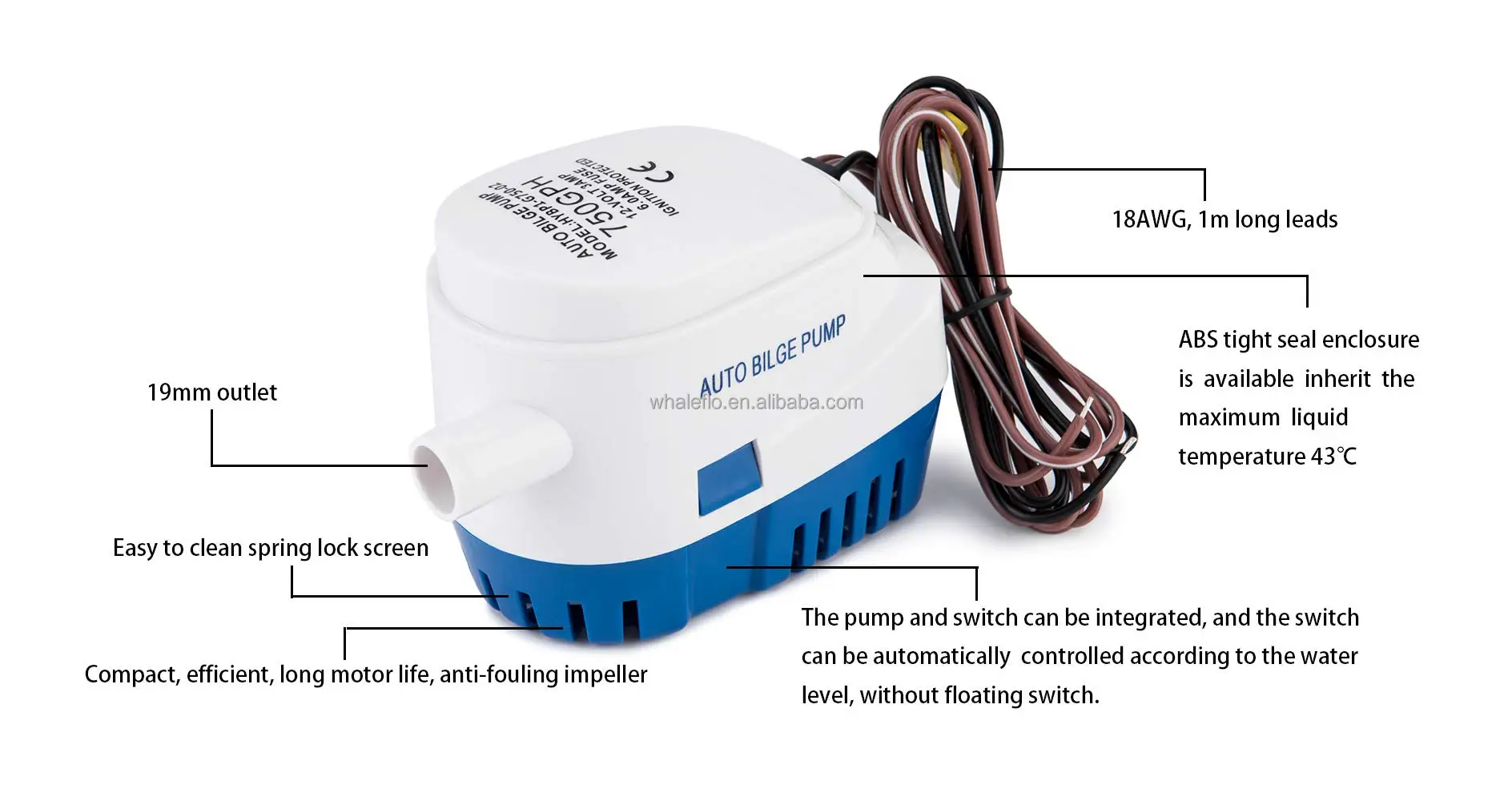 Peso ligero de Whaleflo 2850LPH Pequeña bomba de agua automática de bilge fabricante Servicio OEM ofrecido 2