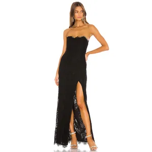 2021 Summer Custom Women's Elegant Black off Shoulder Split Luxury Lace Sexy Maxi Formal Evening Dress