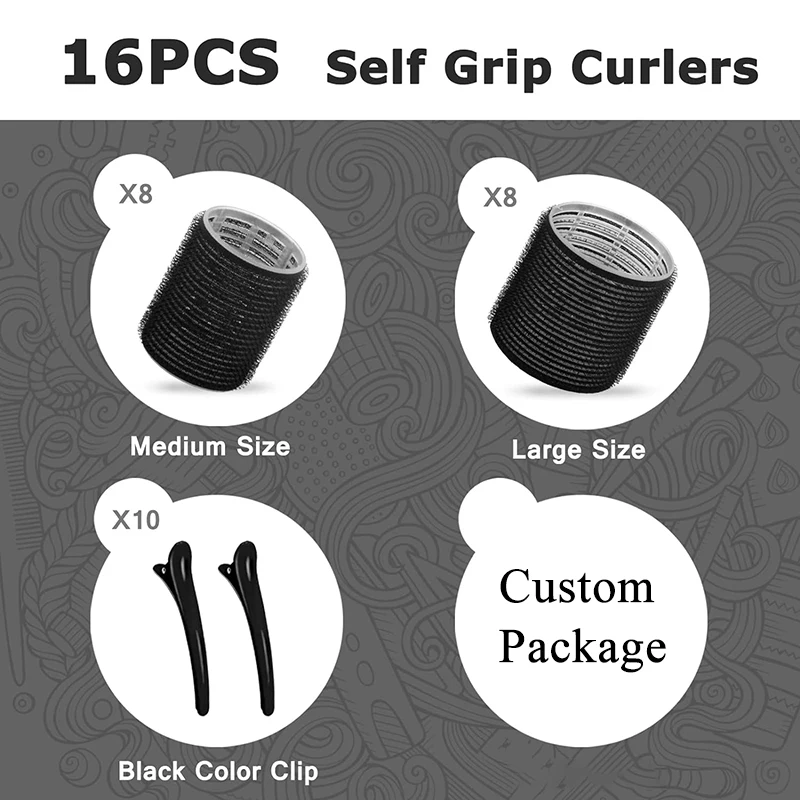 Factory Wholesale 16pcs Black Self Grip Hair Rollers Set Plastic Nylon Hair Rollers Set Heatless Hair Rollers with Clips
